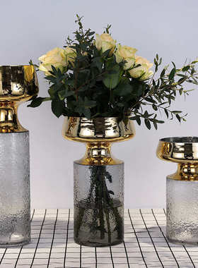 摆件植物北欧插花水培装饰玻璃浮雕敞口客厅烟灰色花瓶电镀花瓶金