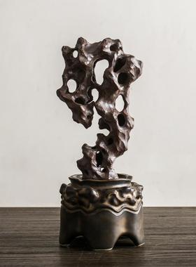 高档创意手工陶太湖石件香炉摆假山瓷件中式客厅书房装饰陶瓷塔摆