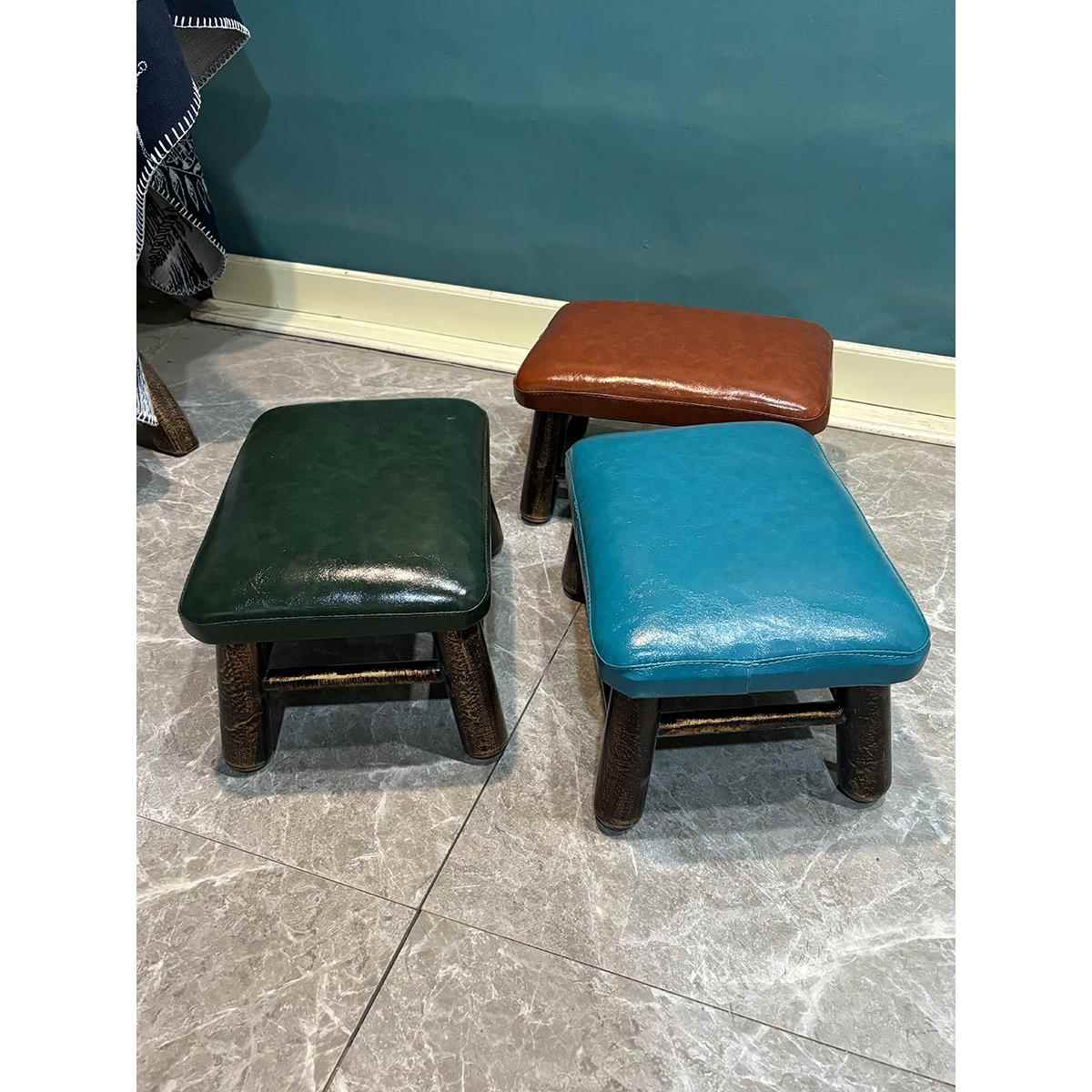 美式乡村家用客厅小凳子茶几门口换鞋长方矮板凳实木通用皮革软椅