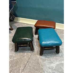 美式乡村家用客厅小凳子茶几门口换鞋长方矮板凳实木通用皮革软椅