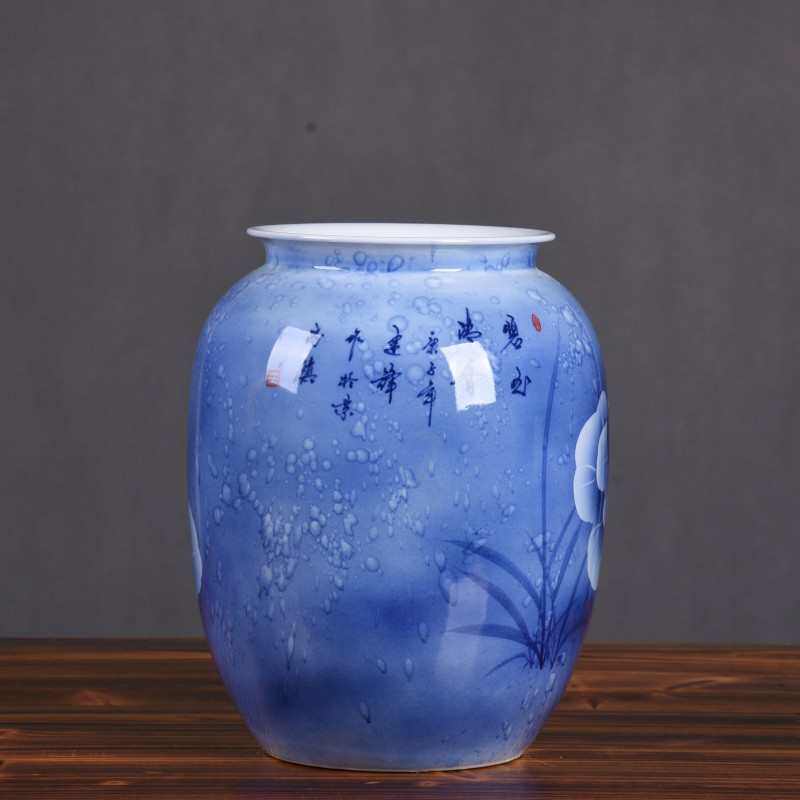 中式手绘家居荷花花瓶博古架青花瓷名家摆件插花客厅景德镇陶瓷器