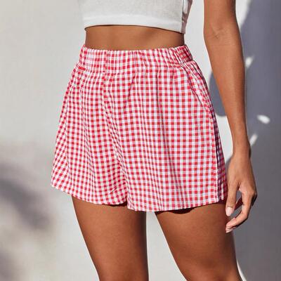 Sexy Plaid Casual Shorts Women Summer Elastic Waist Slimming
