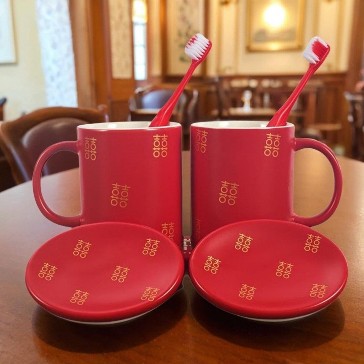 结婚牙杯一对红色喜字对杯洗漱口杯女方陪嫁洗漱杯婚庆用品大全