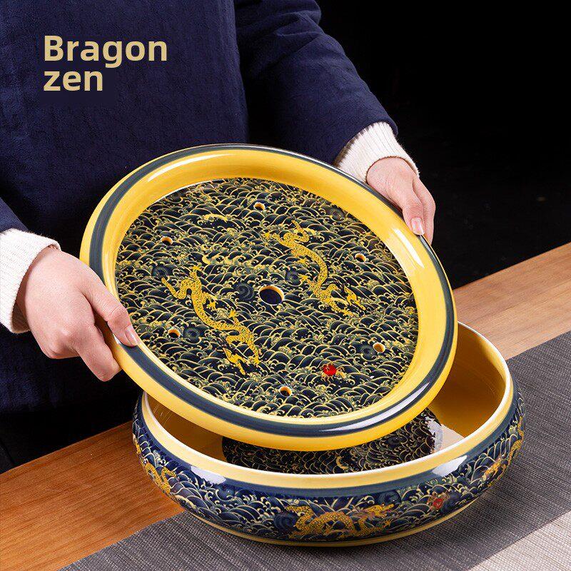 茶盘陶瓷家用大圆瓷双层功夫茶具配件蓝金龙圆茶盘单盘