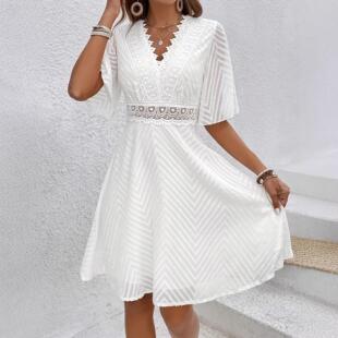 Women's Plus Size V Neck Textured Laser Cut Out Dress,