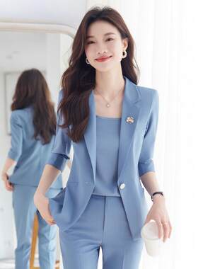 小个子西装套装女夏季修身休闲时尚职业装气质两件套夏天薄款西服