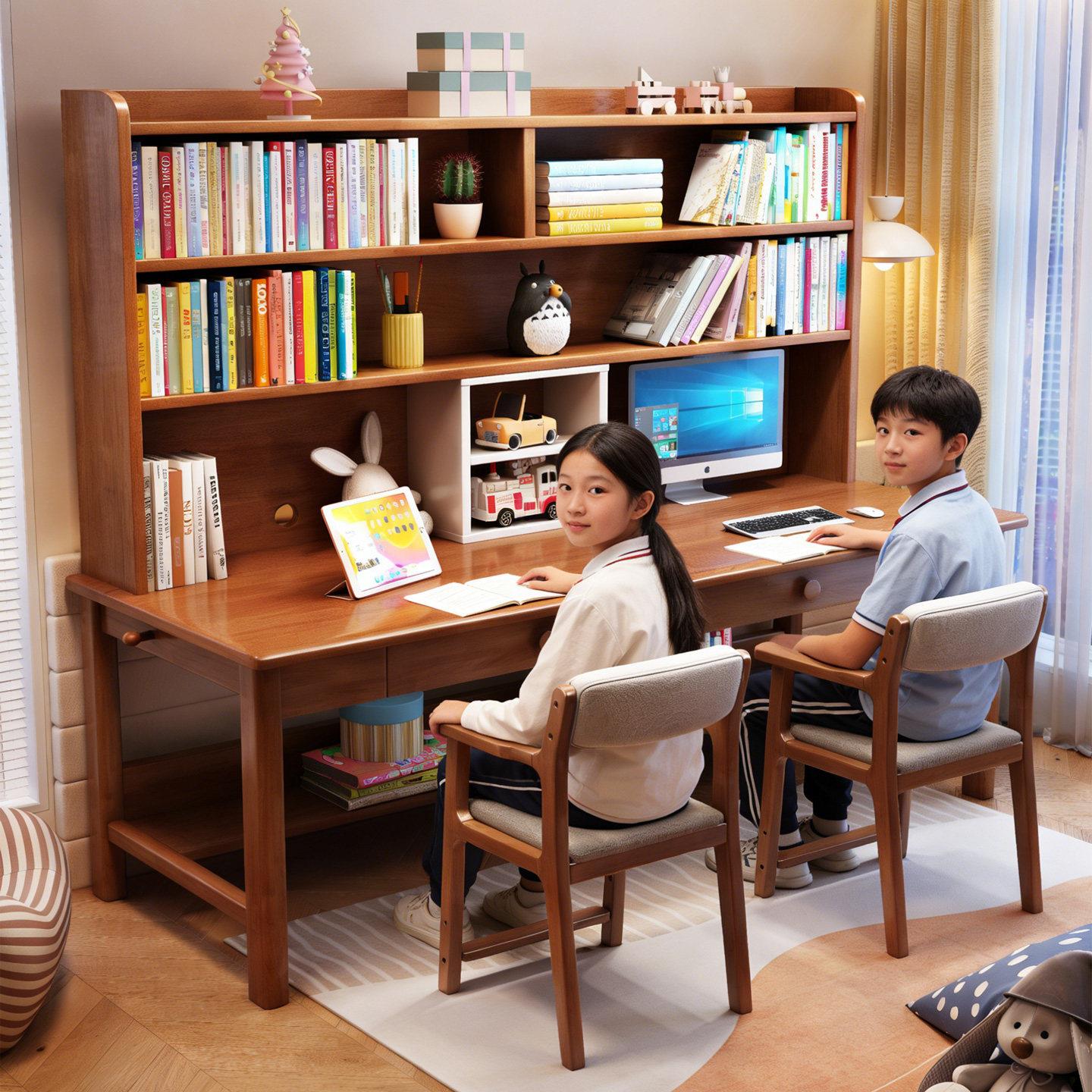 双人学习桌书柜一体可原木实木书桌初中生家用书架一体桌子双胞胎