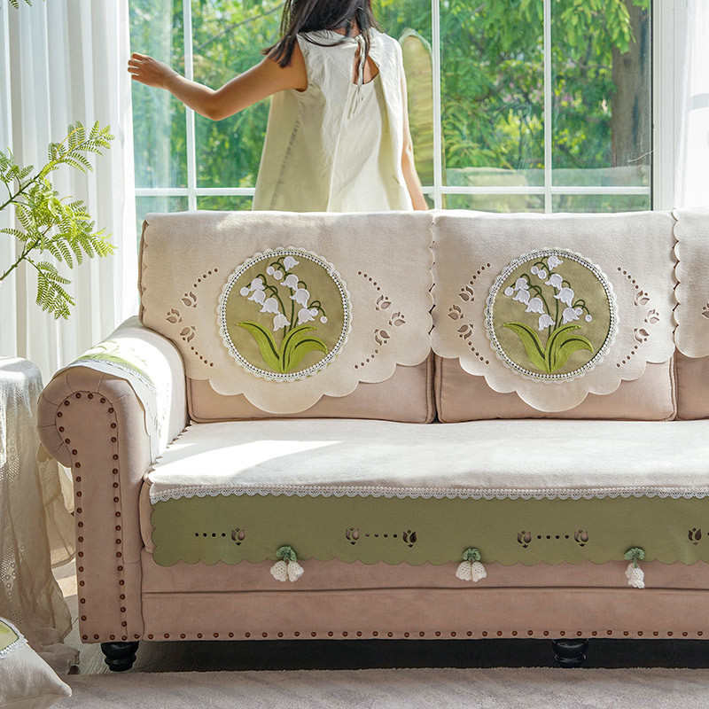 四季通用沙发盖布奶油风刺绣雪尼尔沙发套设计感沙发靠背巾扶手巾