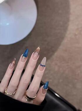 新品穿戴甲纯手作钴蓝琥珀法式猫眼甲片高级感欧美风显白美甲贴