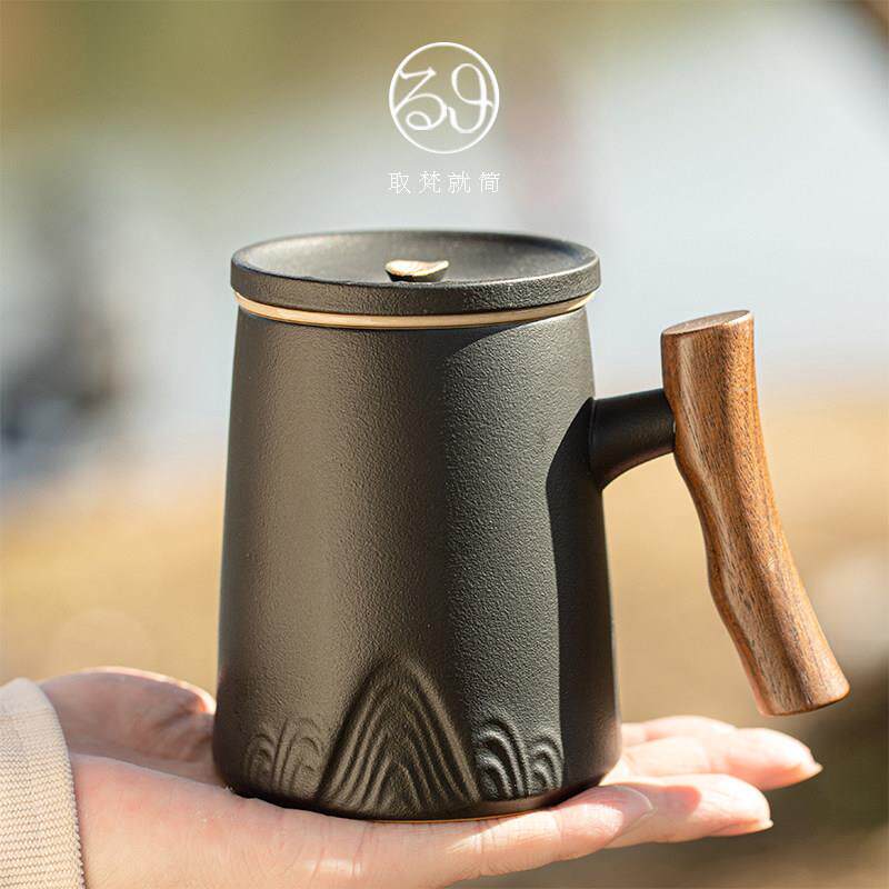 木柄茶水分离泡茶杯高档单个人专用喝茶办公室带盖子过滤陶瓷杯定