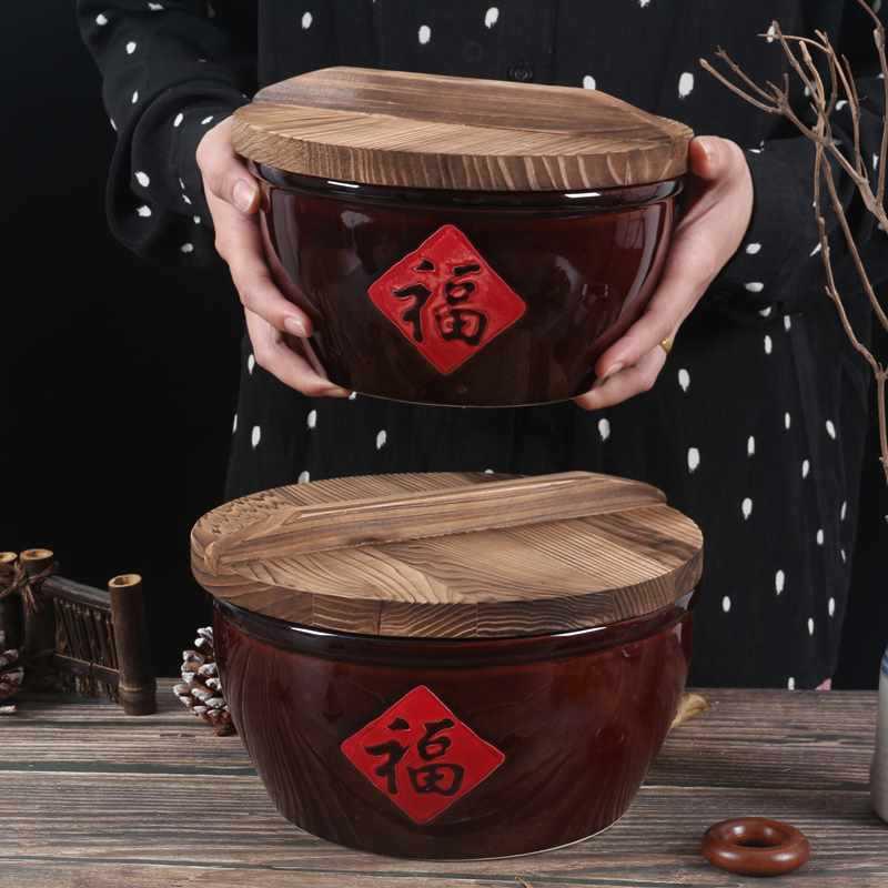 陶瓷加厚福字缸米缸特色农家乐餐具创意土陶缸汤碗猪油盆带盖仿古
