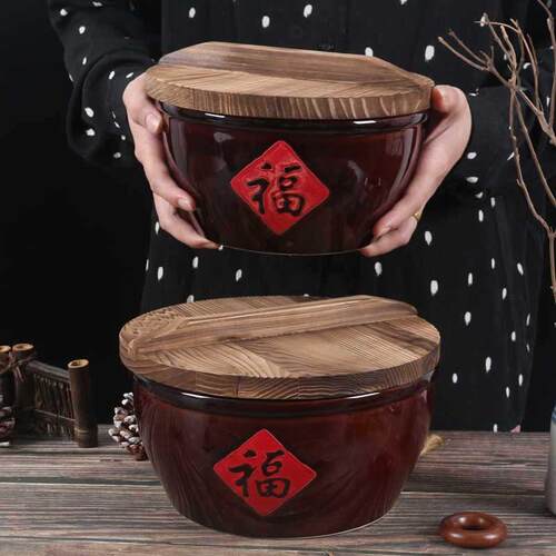 陶瓷加厚福字缸米缸特色农家乐餐具创意土陶缸汤碗猪油盆带盖仿古