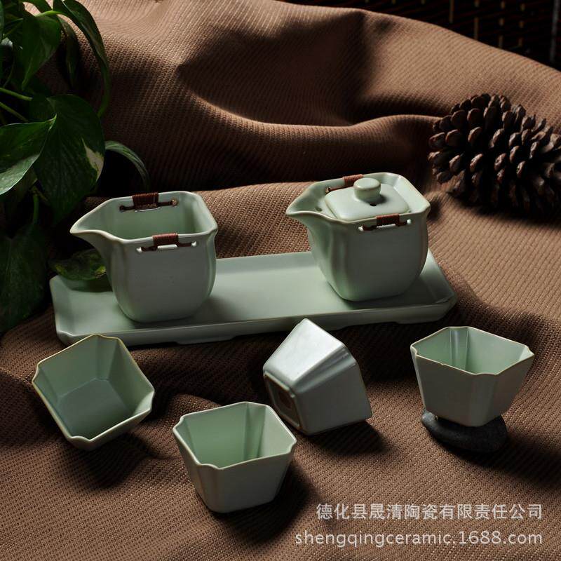 汝窑陶瓷四方壶7件套茶具套装开片仿宋汝瓷功夫汝窑茶具套装