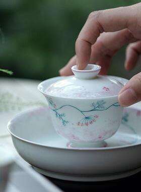 束刻玉泥古青手绘紫色花二才盖碗陶瓷茶具敬茶碗茶台泡茶碗不烫手