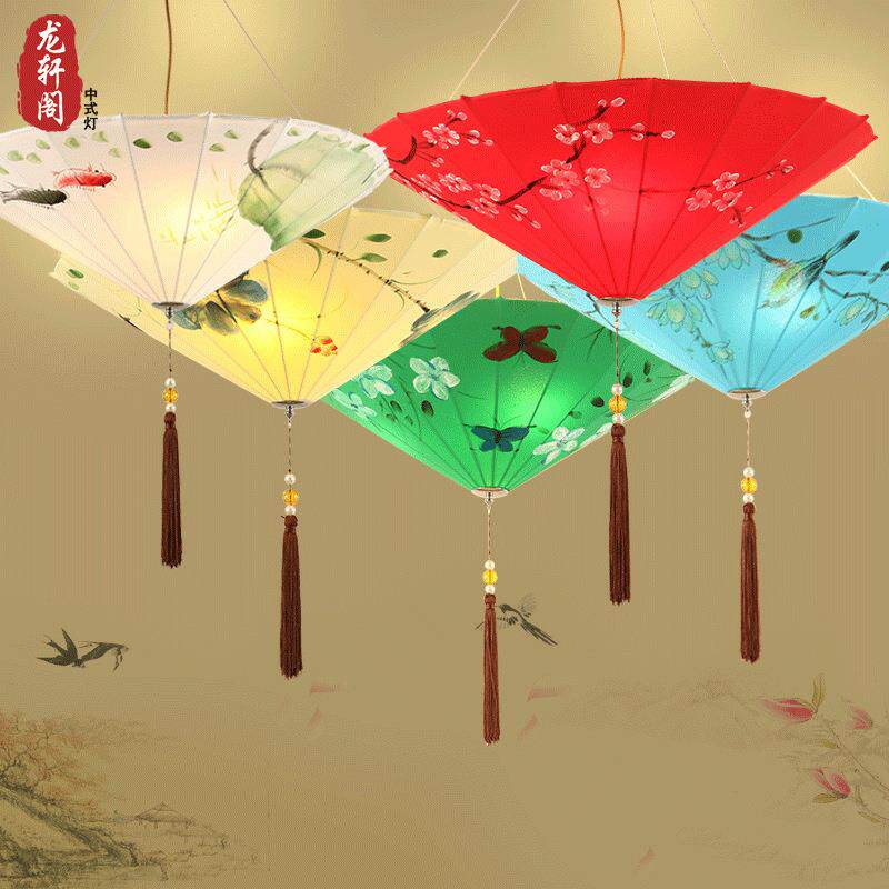 新中式手绘雨伞吊灯古典布艺伞灯茶楼火锅店餐厅过道仿古手工灯笼