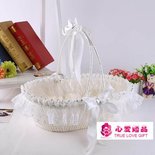厂家直销结婚用品婚礼装饰摆设布艺小花篮水果篮精美花边手提篮其