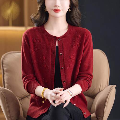 50多岁妈妈洋气上衣%纯羊绒开衫毛衣中老年女装大码宽松针织衫