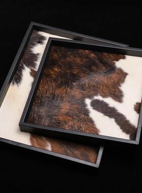 通用型家用创意黑色小艺牛真纹居皮术革马毛托玩 托盘首饰收纳盘