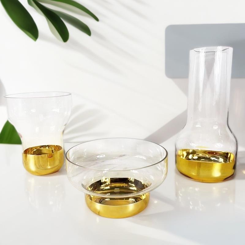 电镀金色玻璃花瓶果盘套装 家用客厅茶几高档轻奢软装饰品