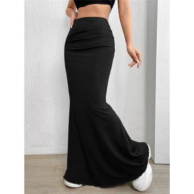 Solid Bodycon Ruched Long Skirt Women Sexy Black Elastic Ele