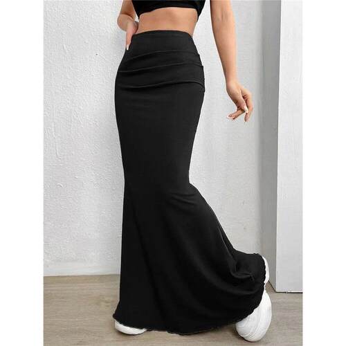 Solid Bodycon Ruched Long Skirt Women Sexy Black Elastic Ele