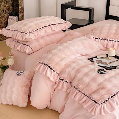 高档冬季软糯类兔毛四件套保暖绒加厚牛奶绒被套床笠A品公主风床