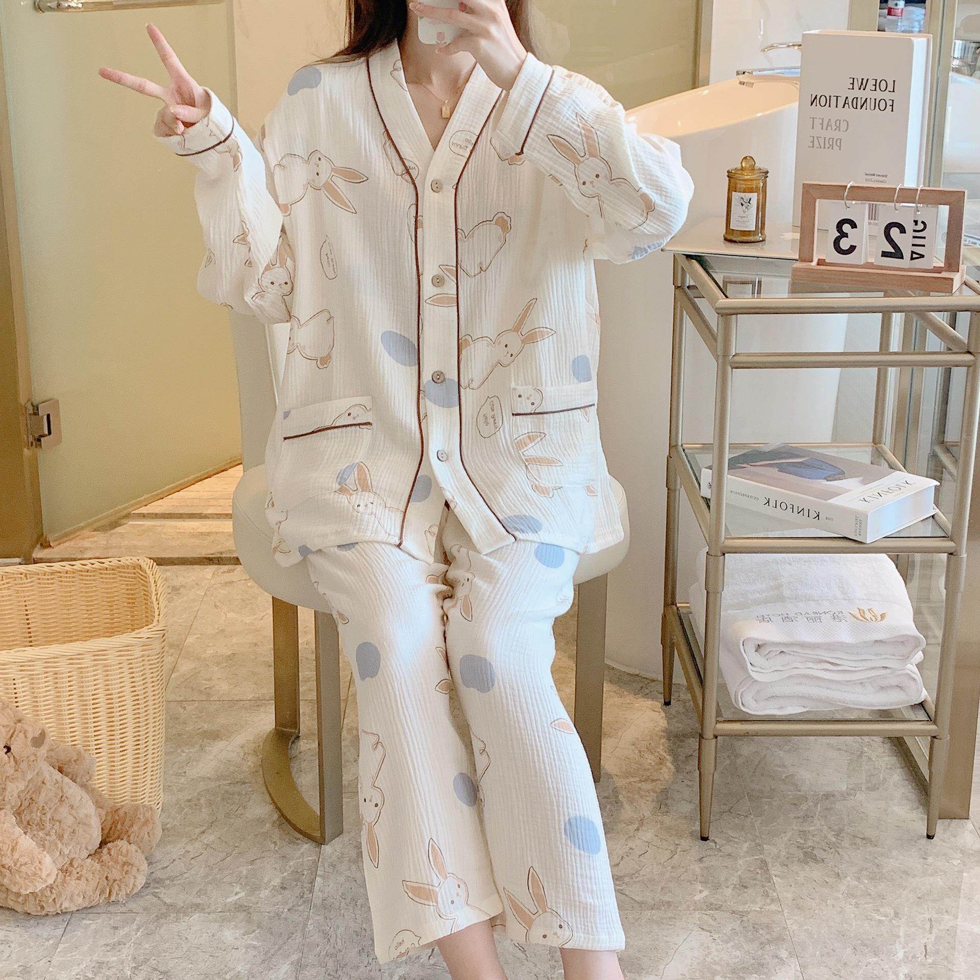 新款直销压条石头兔子孕妇套装春夏季绉布孕妇产后吸汗哺乳装月子