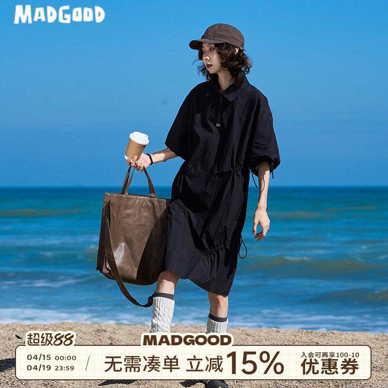 madgood马得工地日系宽松百搭轻薄纱卡户外抽褶工装洋装 女款