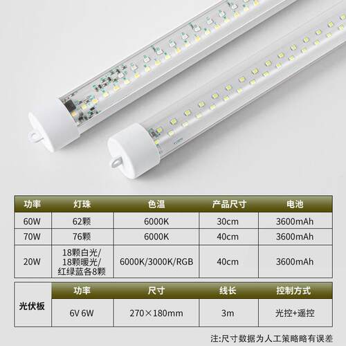 太阳能LED日光灯管30CM充电夜市地摊灯野外露营便携应急灯管超亮