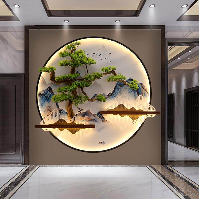 新中式迎客松入户玄关装饰画会所客厅挂件沙发背景墙发光圆形壁饰