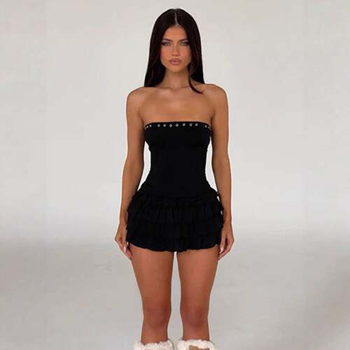 Women Y2k Strapless Short Dress Laceup Back Tube Ruched