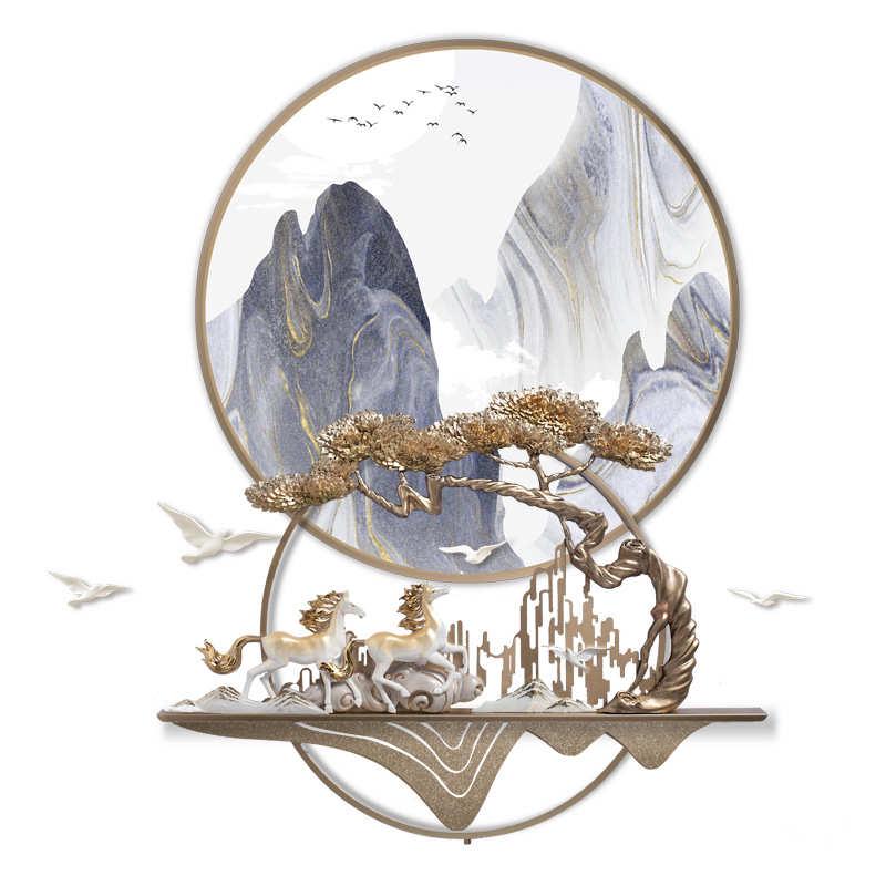 餐厅装饰画餐桌饭厅背景墙挂画3d立体浮雕迎客松书房玄关灯光壁画图片