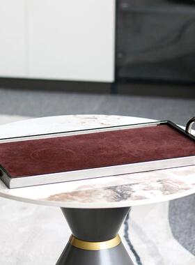 轻奢金属皮革托盘圆弧双耳长方FNZ形品收纳样饰板间软装配饰盘盘