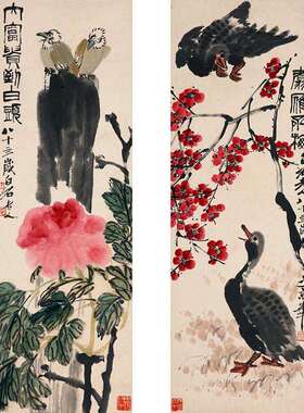 厂家直供艺术微喷家居客厅书房装饰画齐白石条屏花鸟字画画芯