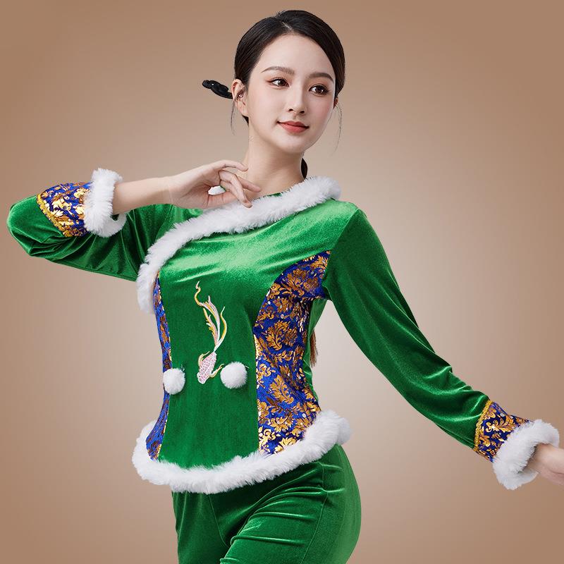 特价杨丽萍秧歌舞蹈演出服喜庆民族风金丝绒广场舞服装秋冬新款套