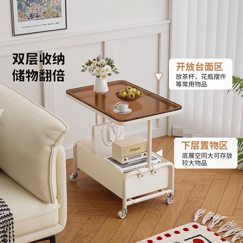 沙发边几可移动茶几客厅家用玻璃茶桌边柜小推车床头置物架子带轮