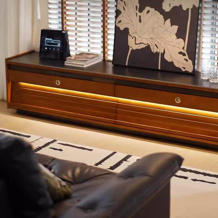 北欧实木电视柜家用小户型落地岩板一体收纳柜客厅复古储物视听柜