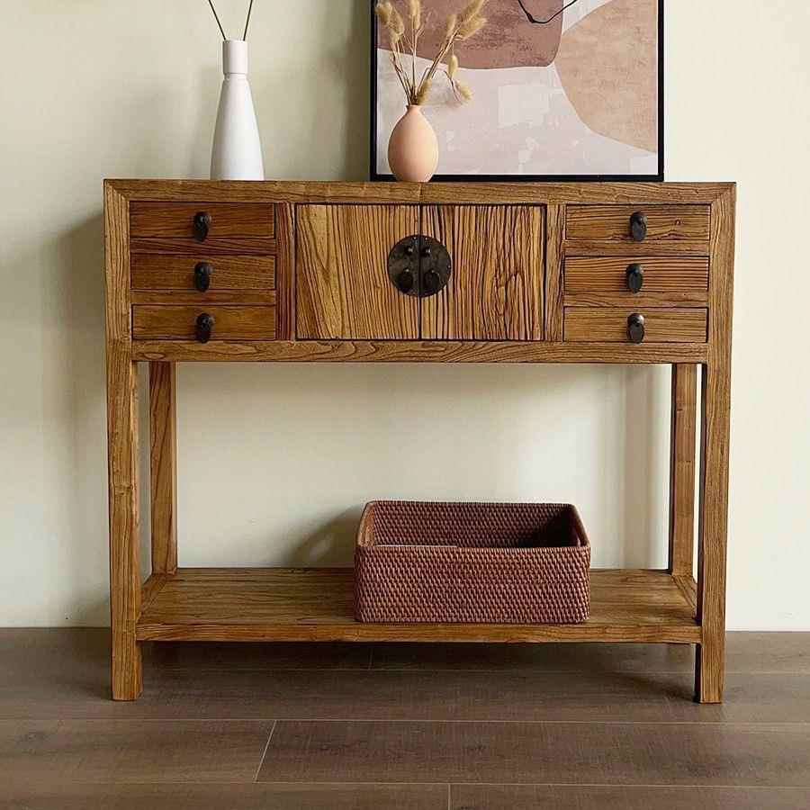 实木复古老榆木玄关柜新中式餐边柜客厅靠墙收纳柜高脚玄关桌