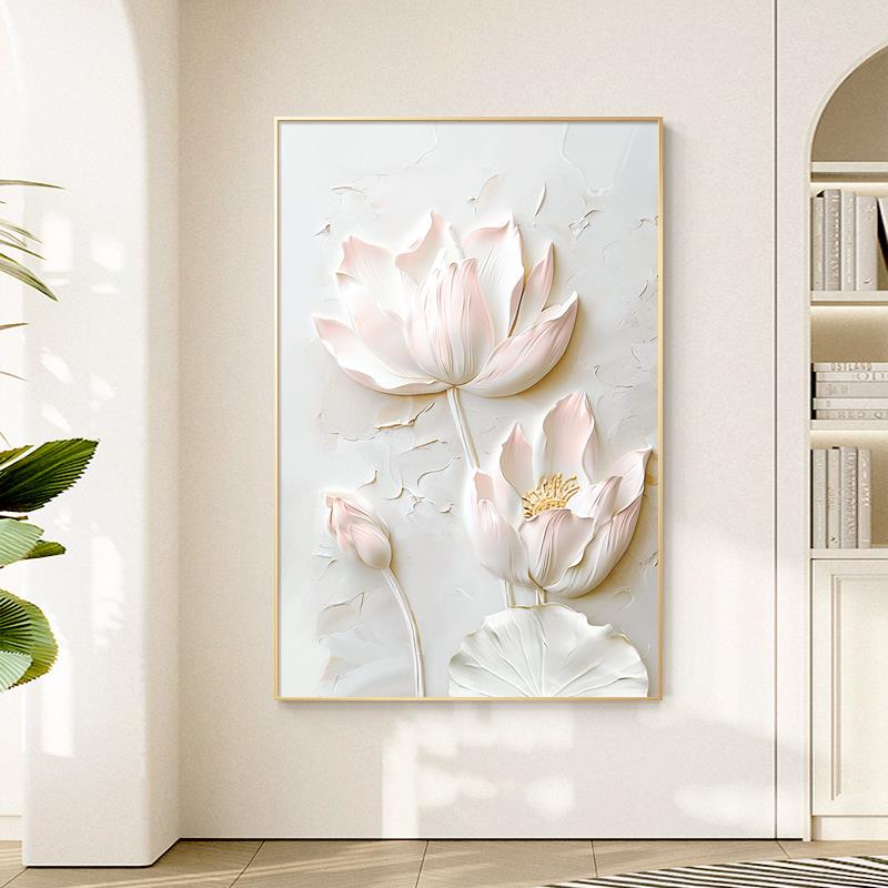 现代荷花客厅装饰画肌理感沙发背景墙挂画艺术大幅落地画玄关壁画图片