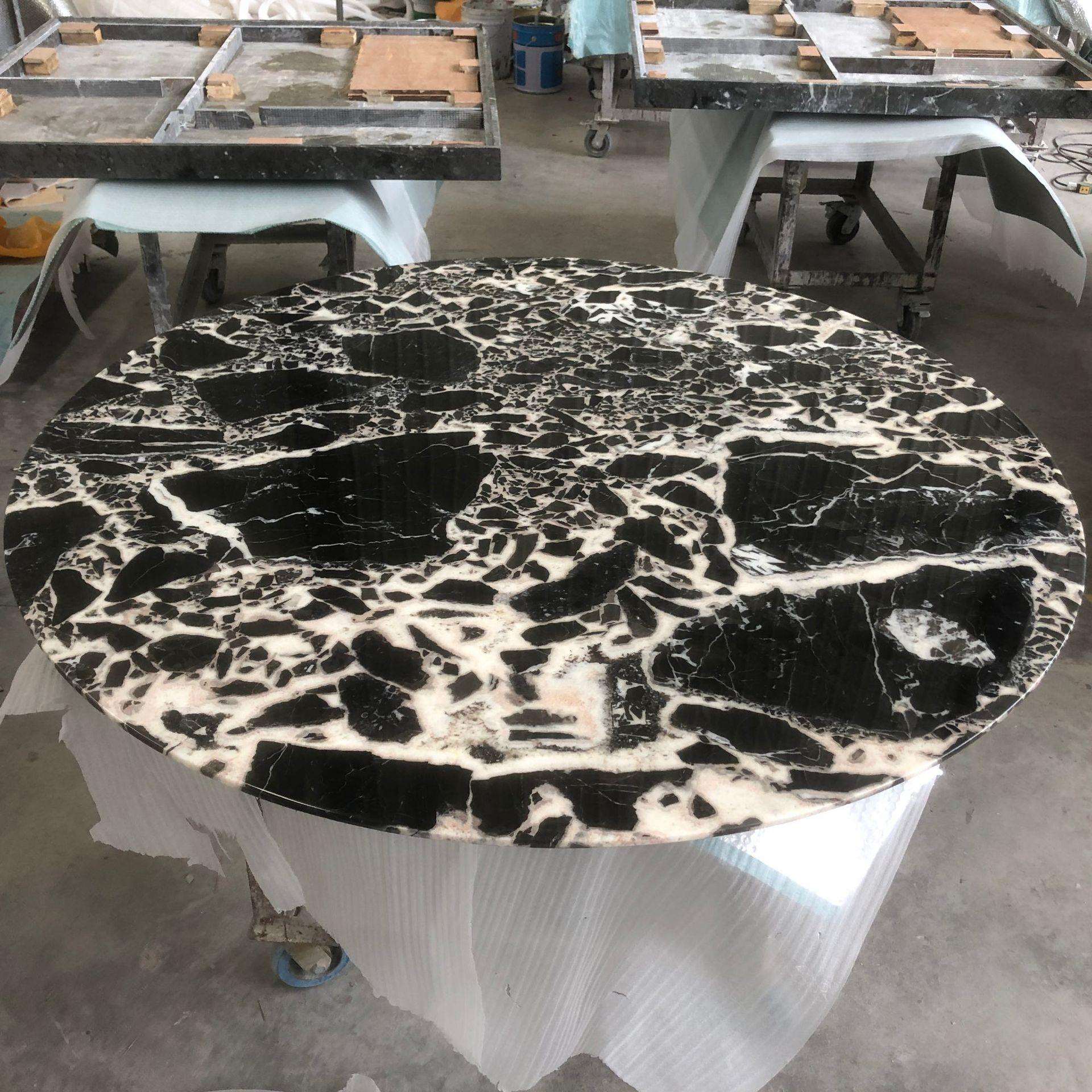 别墅酒店餐厅拿破仑黑天然大理石圆桌奢石餐桌台面石材高定石材