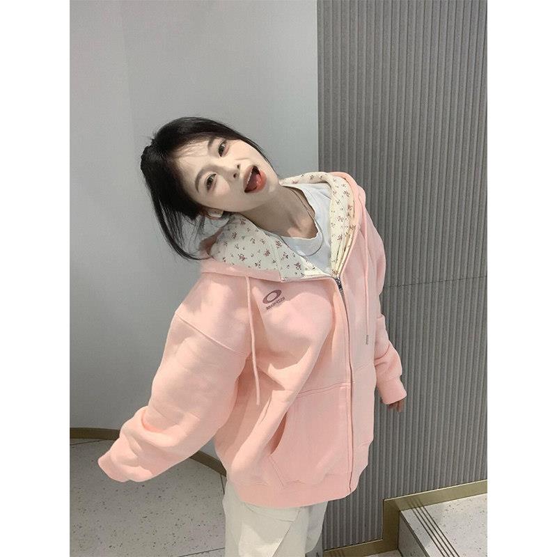 0901d漂亮粉色碎花连帽运动衫外套女春秋2026新款oversize宽松慵