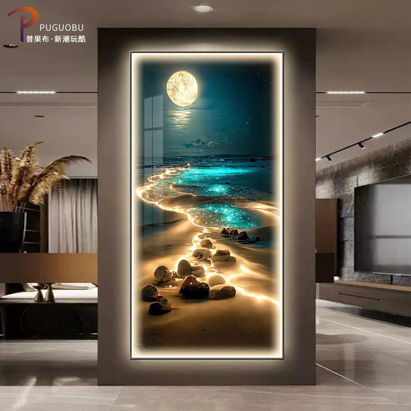 入户门玄关装饰画 画系夜景客厅走廊过道挂画 画镶钻LED发光灯画