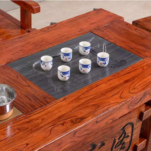 老榆木茶桌椅组合办公室店面仿古实木功夫茶台乌金大理石茶盘茶几