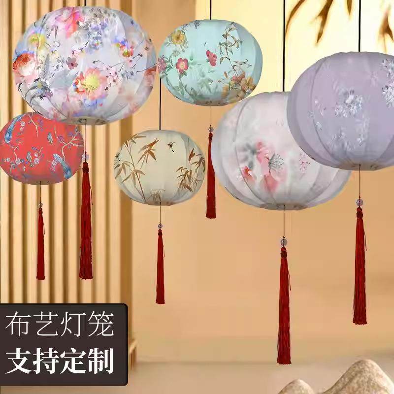 手绘彩色圆形布艺灯笼中国风广告春节景区餐厅装饰新中式创意吊灯