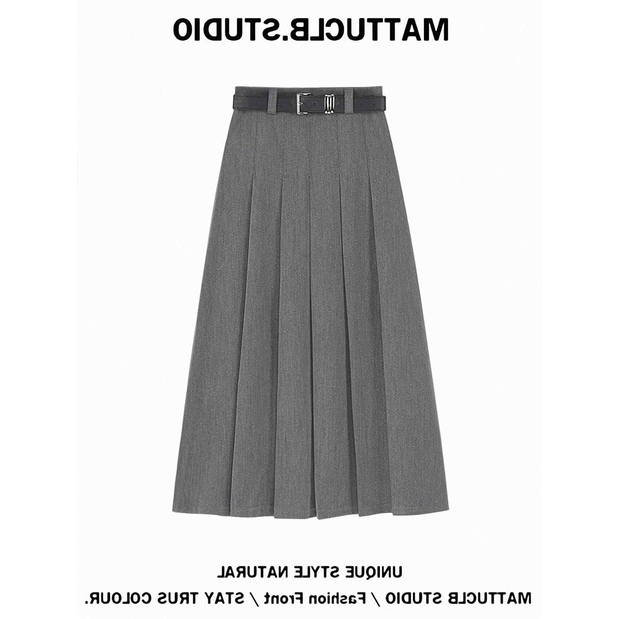 秋季西装裙半身裙灰色西装新款胖妹妹mm高腰遮胯显瘦中百褶a字裙