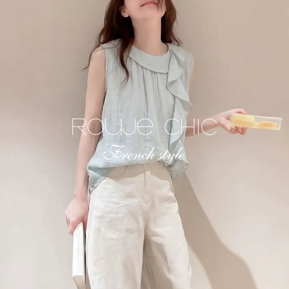 法国rouje chic夏季绿色圆领背心上衣法式设计感荷叶边飘带衬衫女