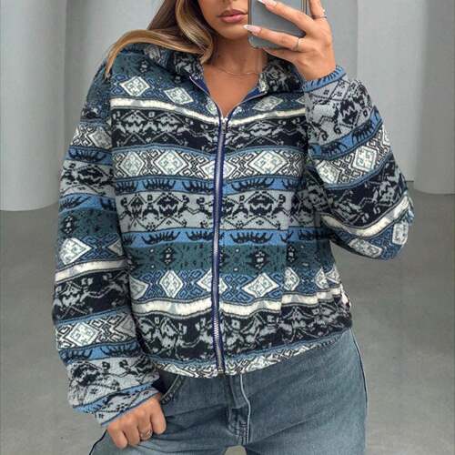 Women's Fashion Casual Geometric Pattern Zipper Fleece