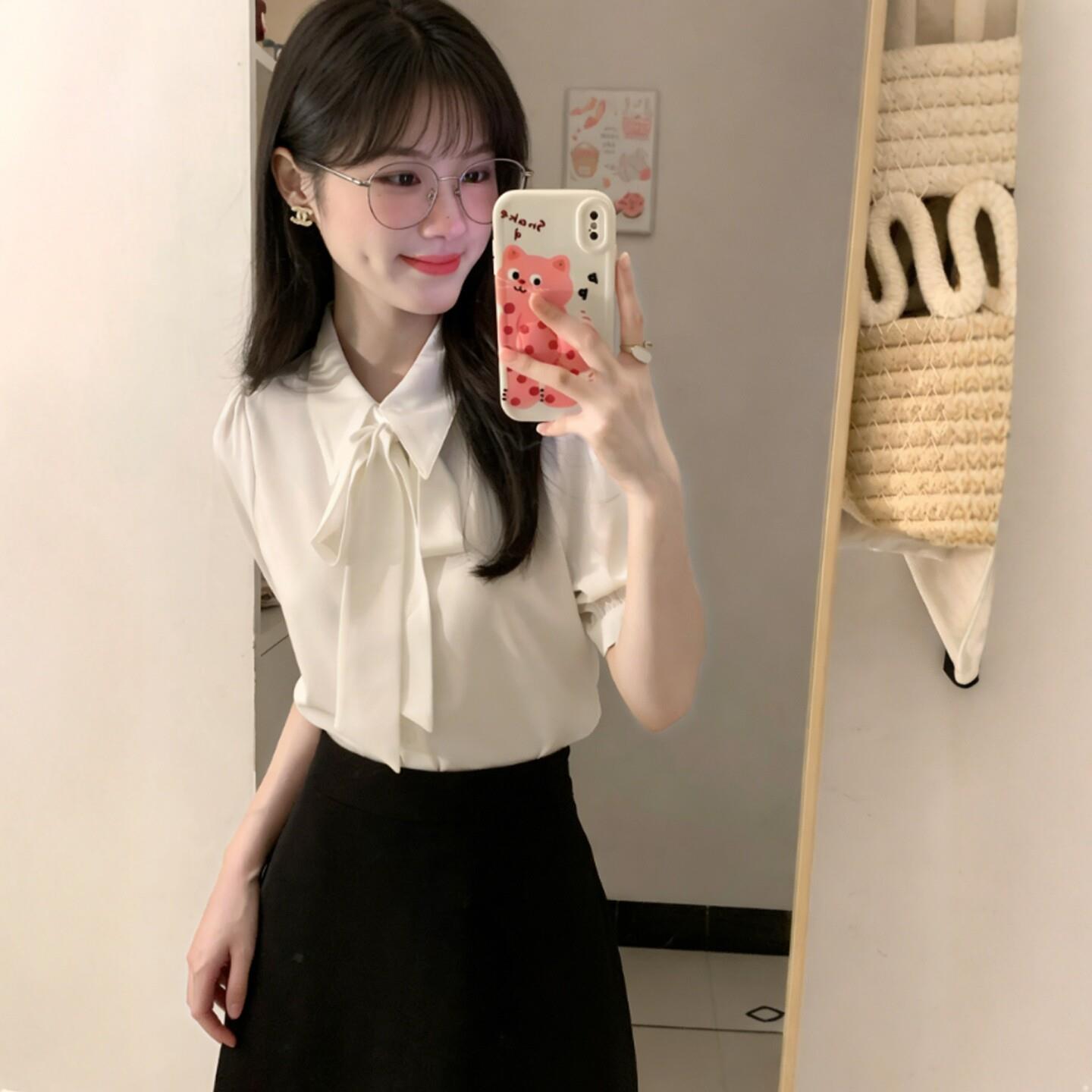 白色蝴蝶结系带短袖衬衫女夏职业正装教资大学生答辩考研面试套装