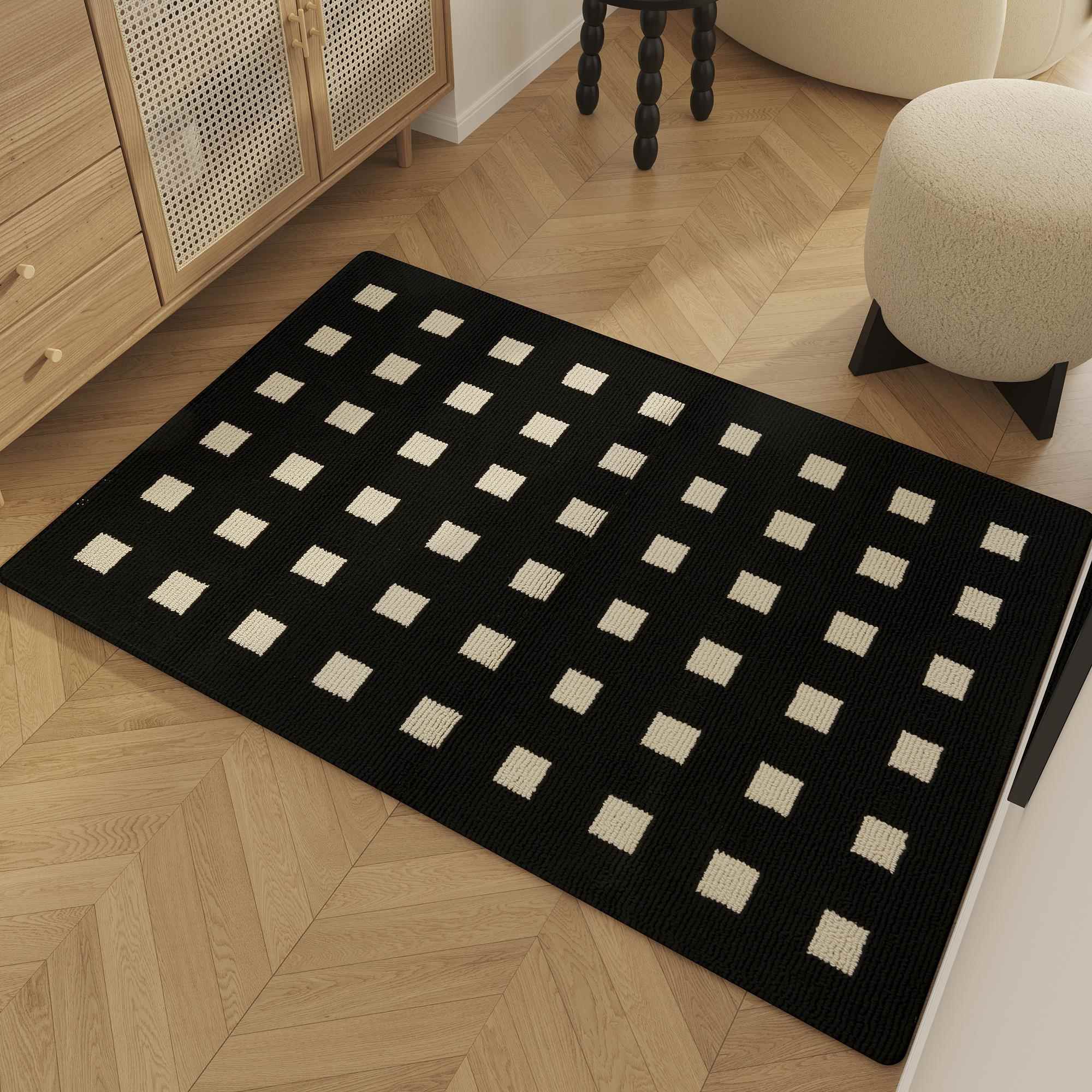 正品法光式奶油风高级感毯黑白子入户门脚垫卧室书格房编织地圈绒