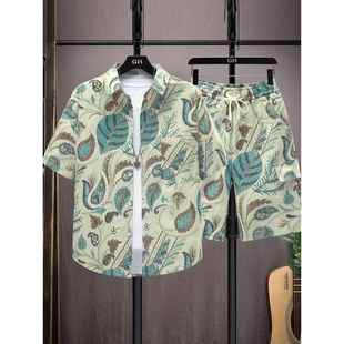 搭配短裤 休闲套装 沙滩花衬衫 冰丝潮牌痞帅翻领短袖 穿搭一套 男夏季